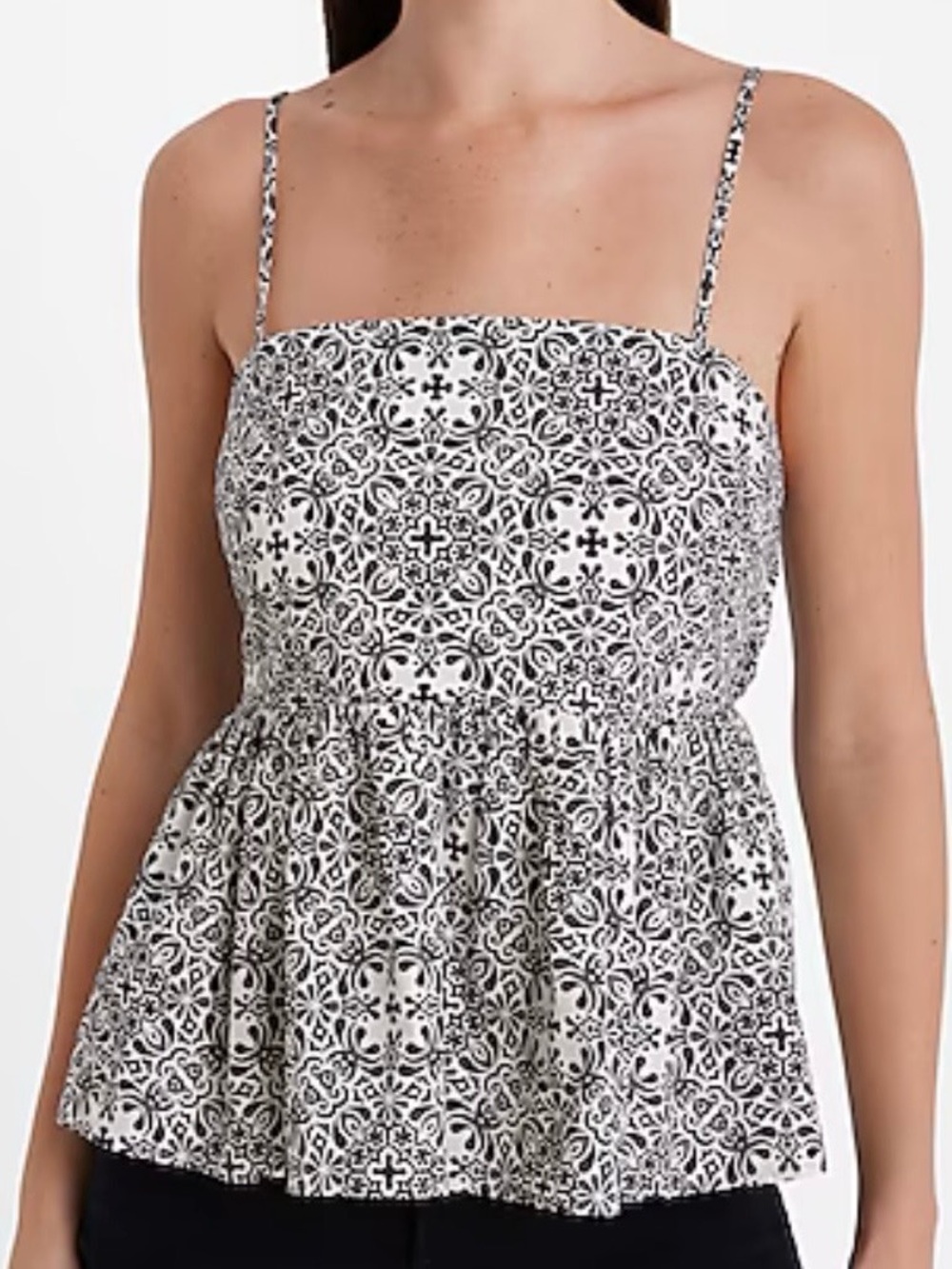 Express Black and White Patterned Peplum Top bow back